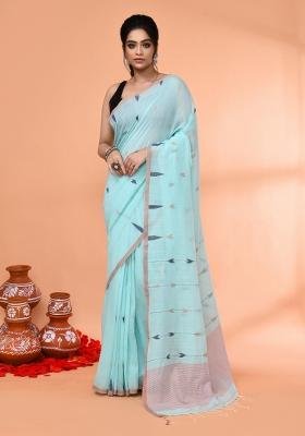 Light Sky Blue Embroidered Cotton Saree Set