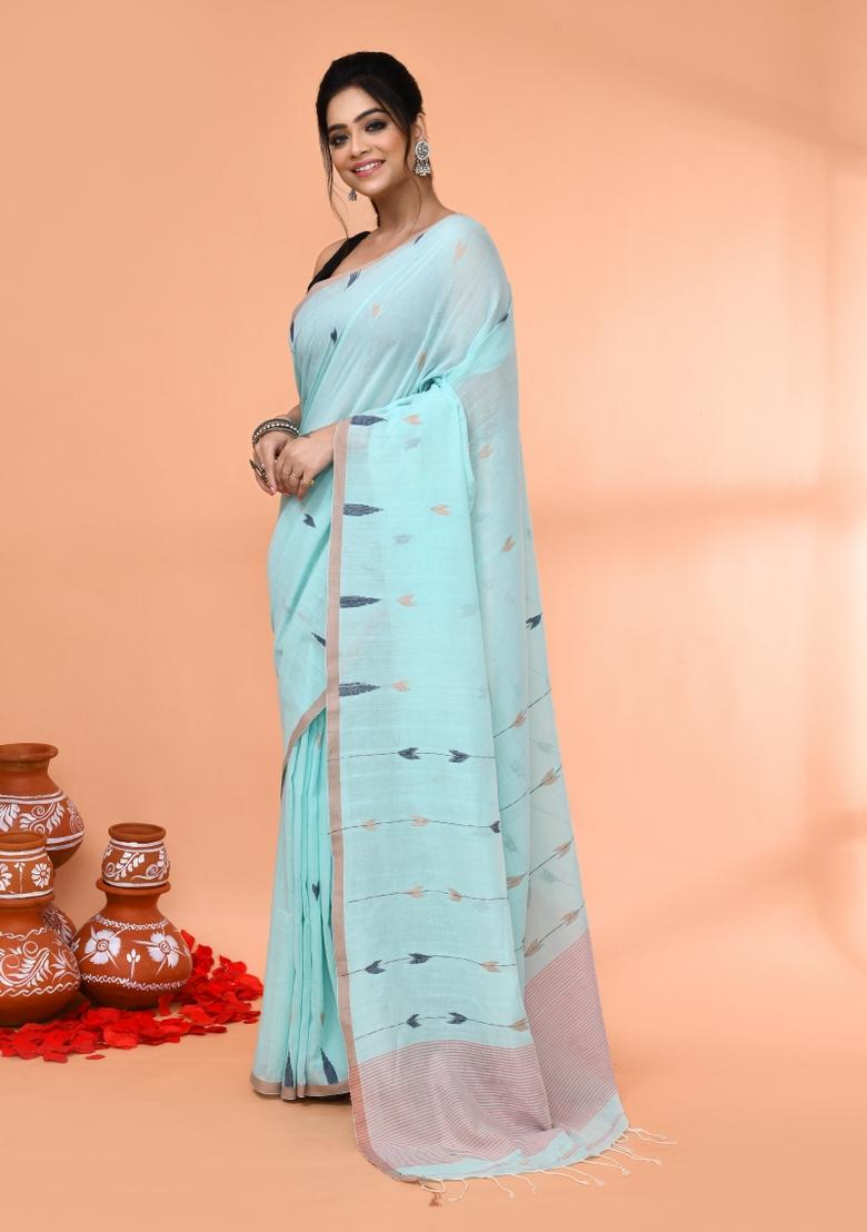 Light Sky Blue Embroidered Cotton Saree Set