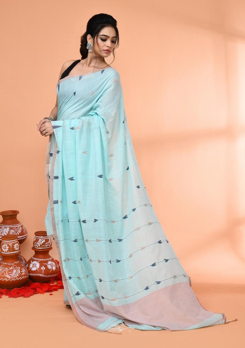 Light Sky Blue Embroidered Cotton Saree Set