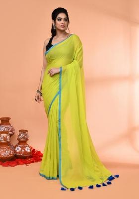 Lemon Green Embroidered Cotton Saree