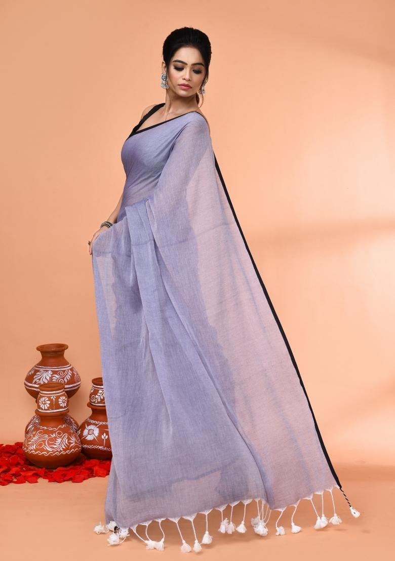 Grey Embroidered Cotton Saree