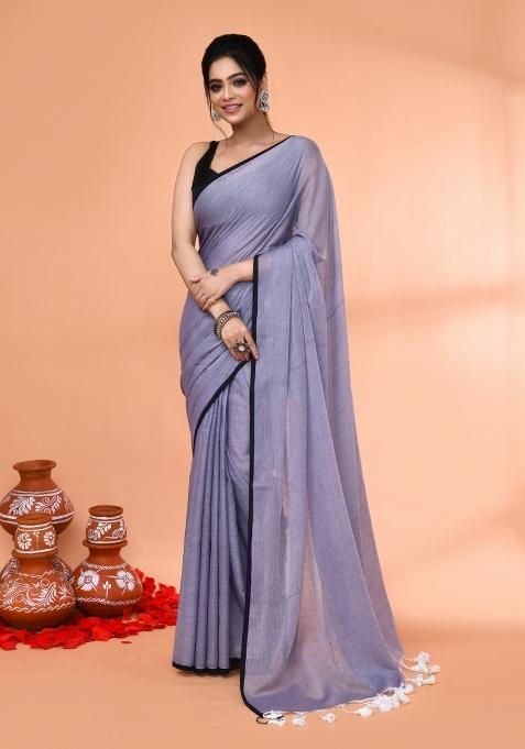 Grey Embroidered Cotton Saree