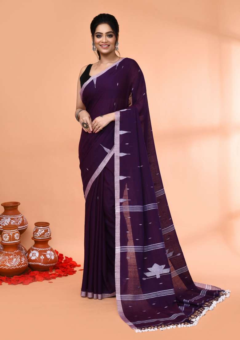 Purple Cotton Saree Set with Embroidered for Diwali | Wedding & Festive Wear - Indya