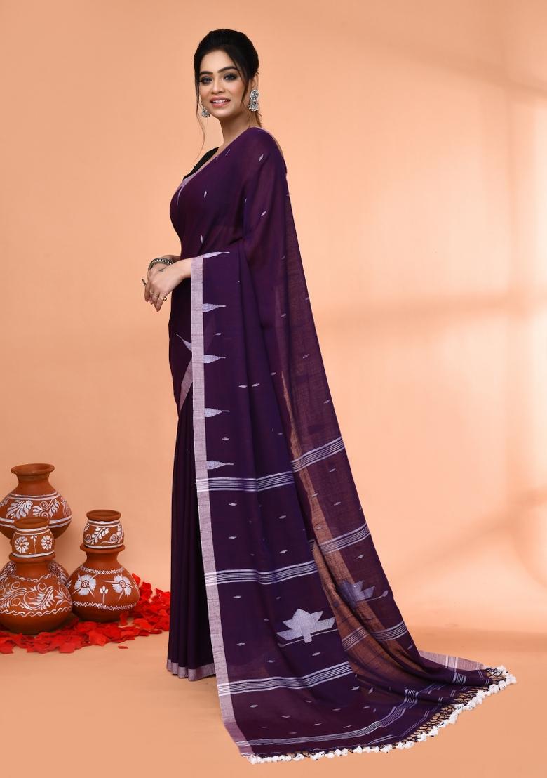Purple Embroidered Cotton Saree Set