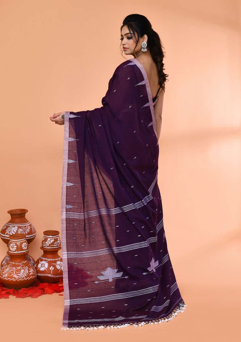 Purple Cotton Saree Set with Embroidered for Diwali | Wedding & Festive Wear - Indya