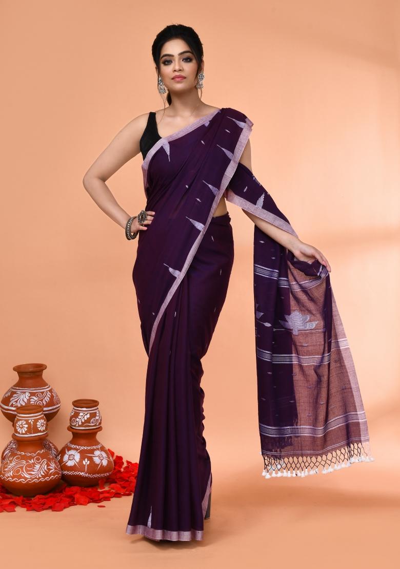 Purple Embroidered Cotton Saree Set