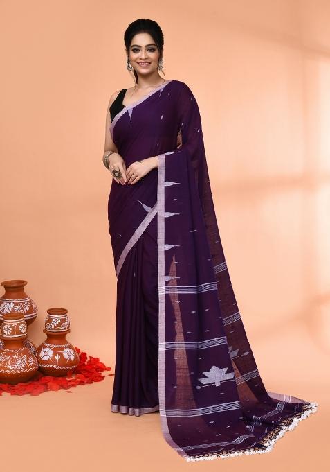 Purple Embroidered Cotton Saree Set