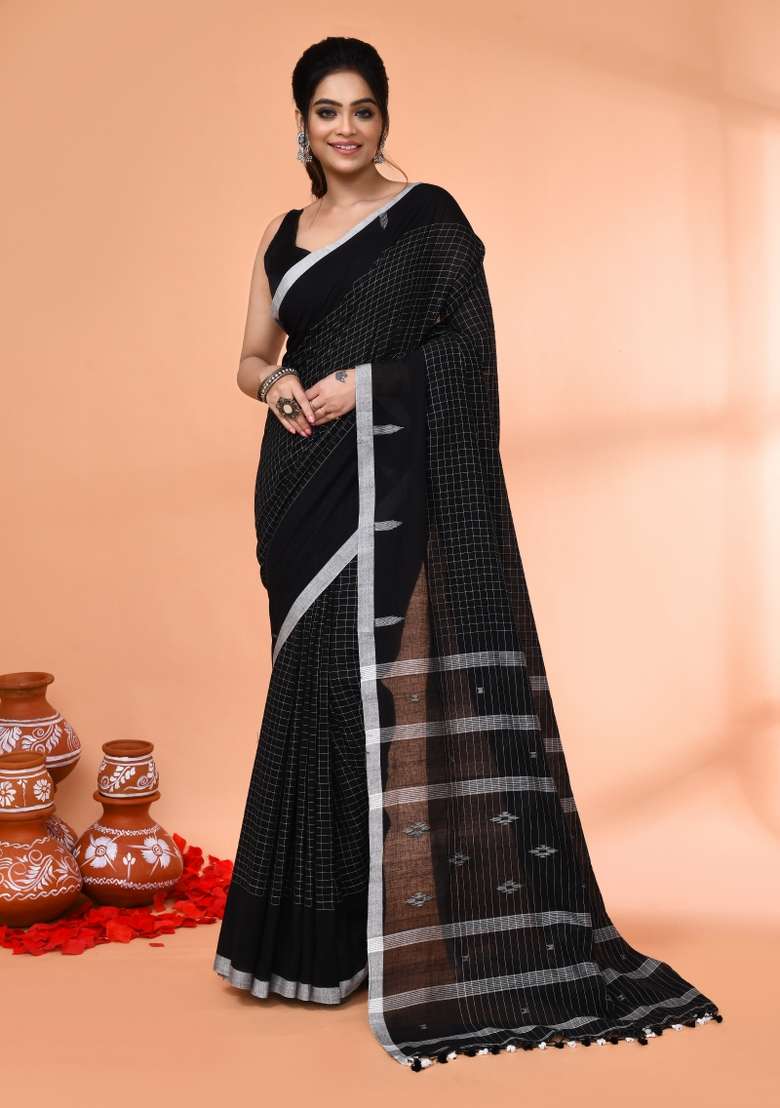Black Embroidered Cotton Saree Set for Diwali and Festive Wear - Indya