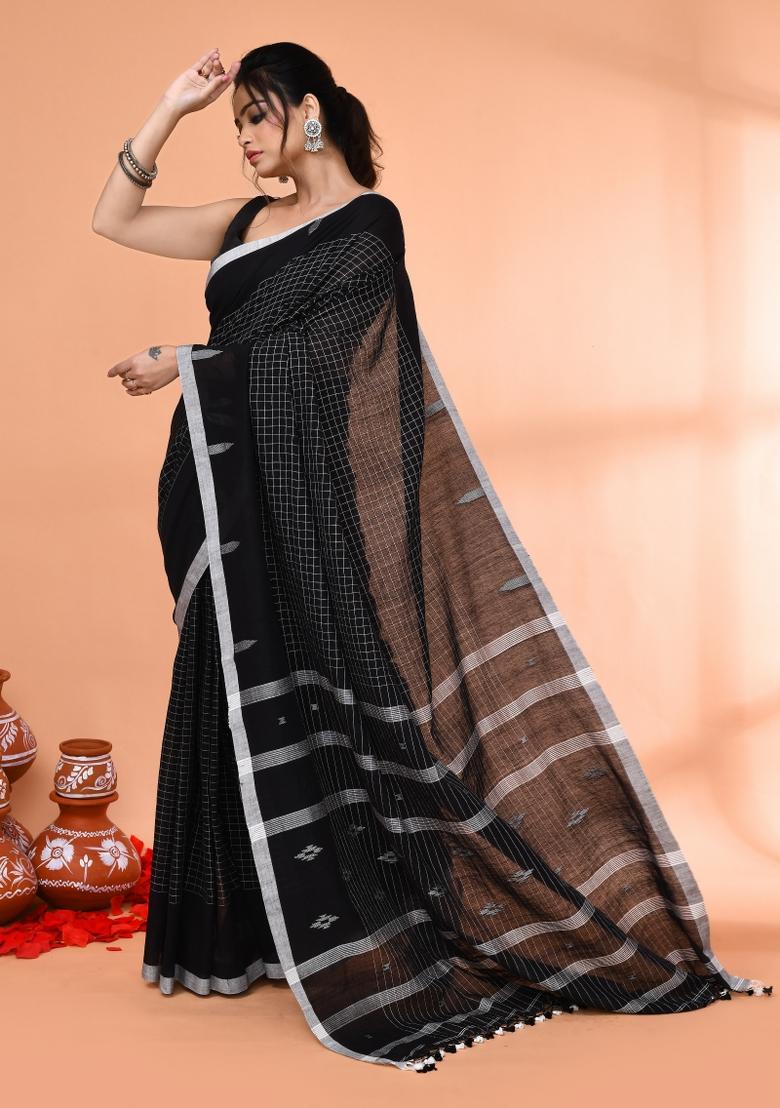 Black Embroidered Cotton Saree Set