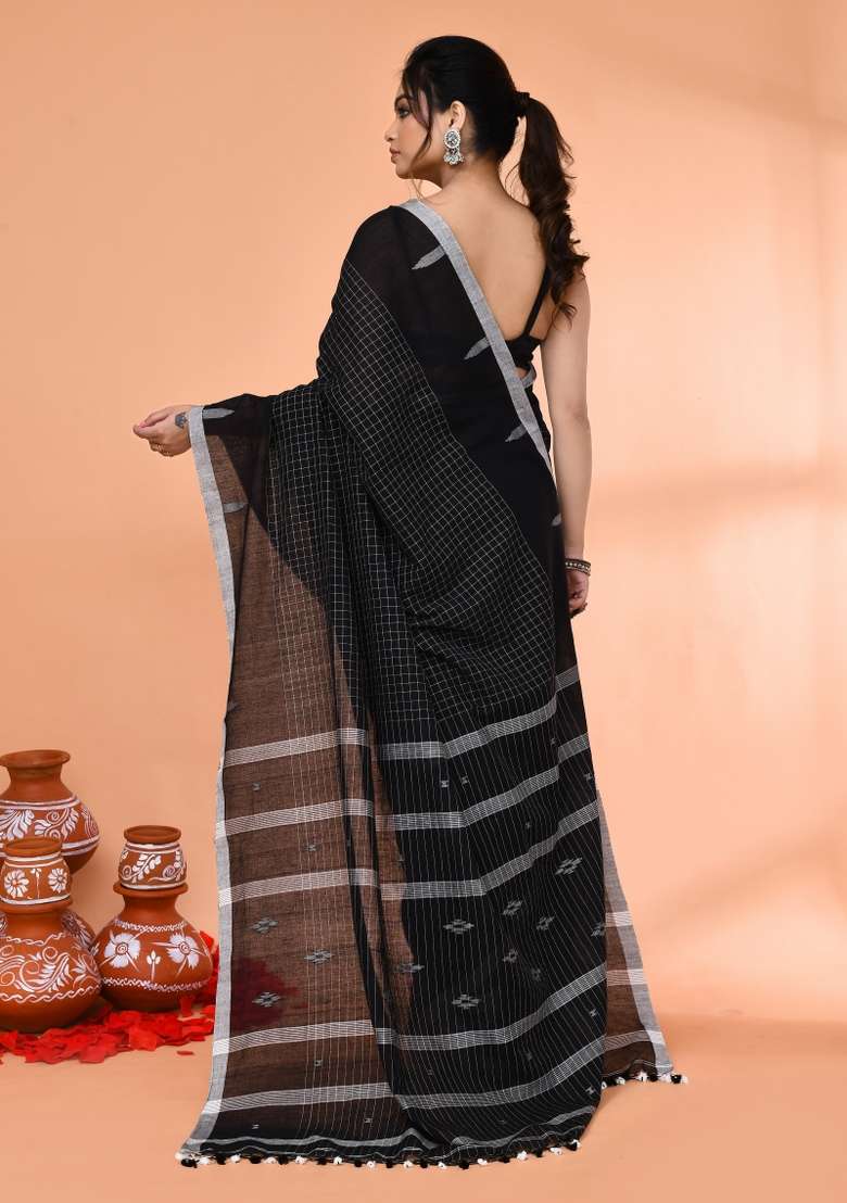 Black Embroidered Cotton Saree Set for Diwali and Festive Wear - Indya