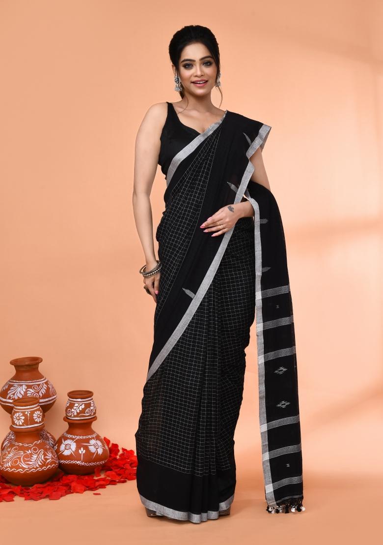 Black Embroidered Cotton Saree Set