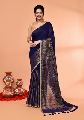 Blue Embroidered Cotton Saree Set