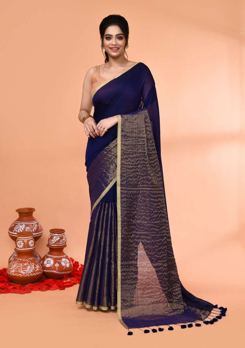 Blue Cotton Saree Set with Embroidered for Diwali | Wedding & Festive Wear - Indya
