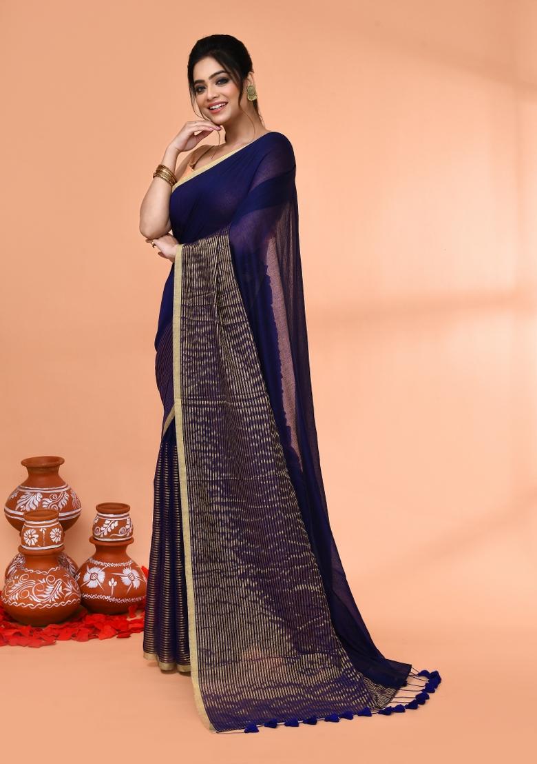 Blue Embroidered Cotton Saree Set