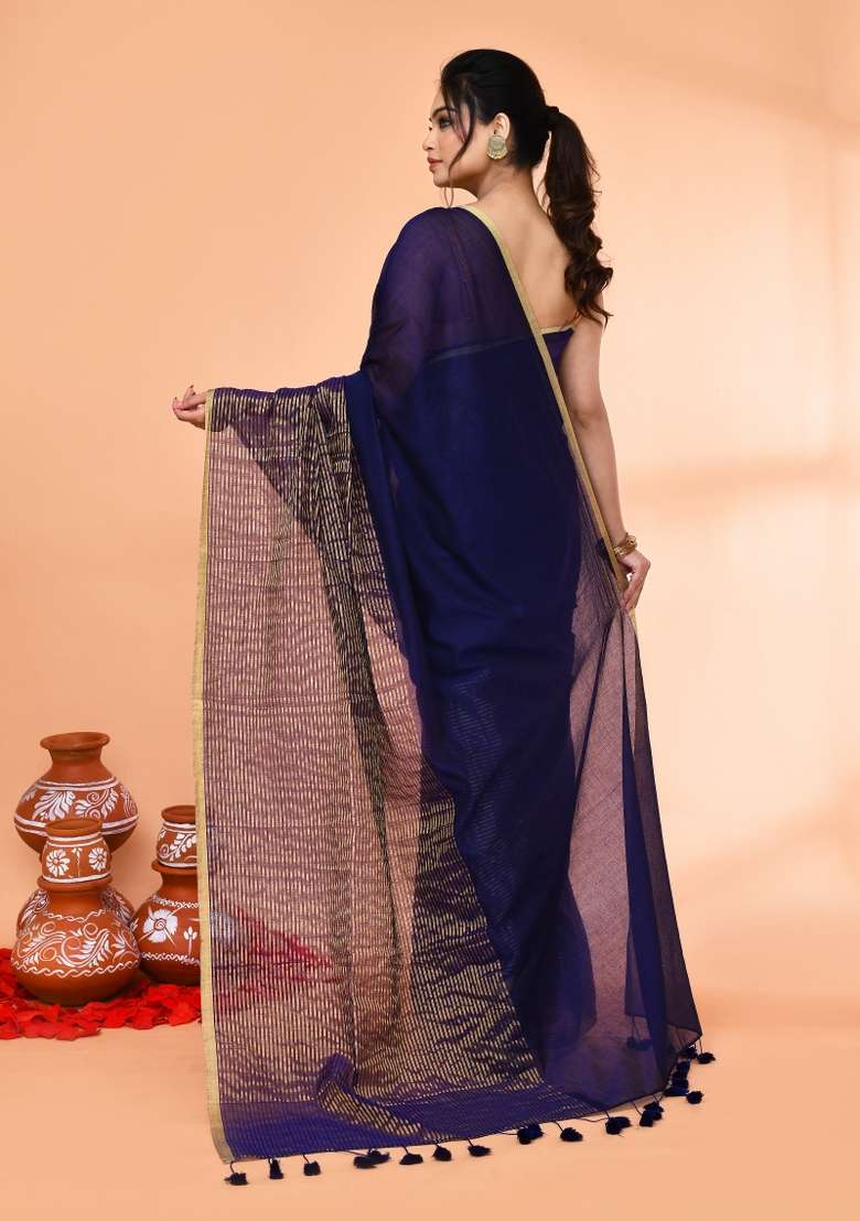 Blue Cotton Saree Set with Embroidered for Diwali | Wedding & Festive Wear - Indya