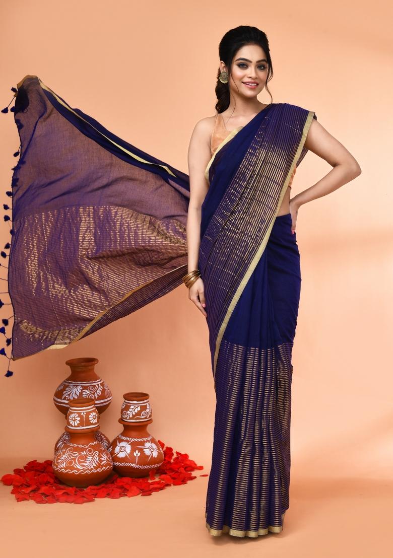 Blue Embroidered Cotton Saree Set