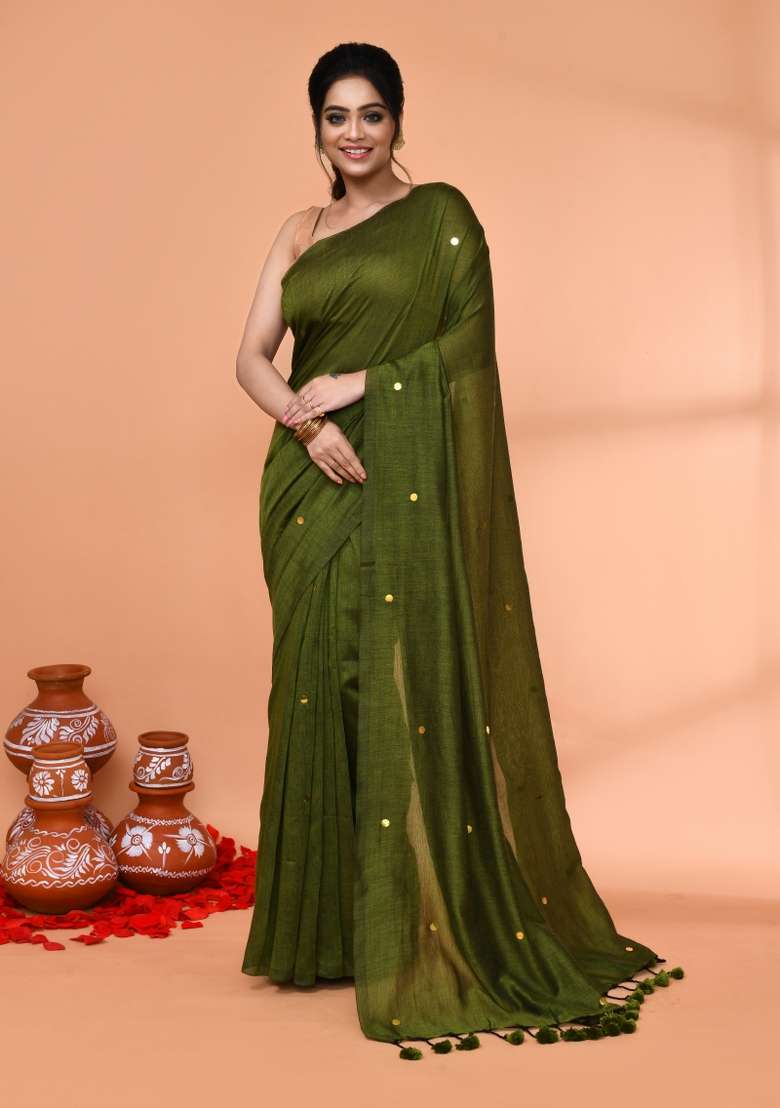 Moss Green Sequin Embroidered Cotton Saree Set for Diwali and Festive Wear - Indya