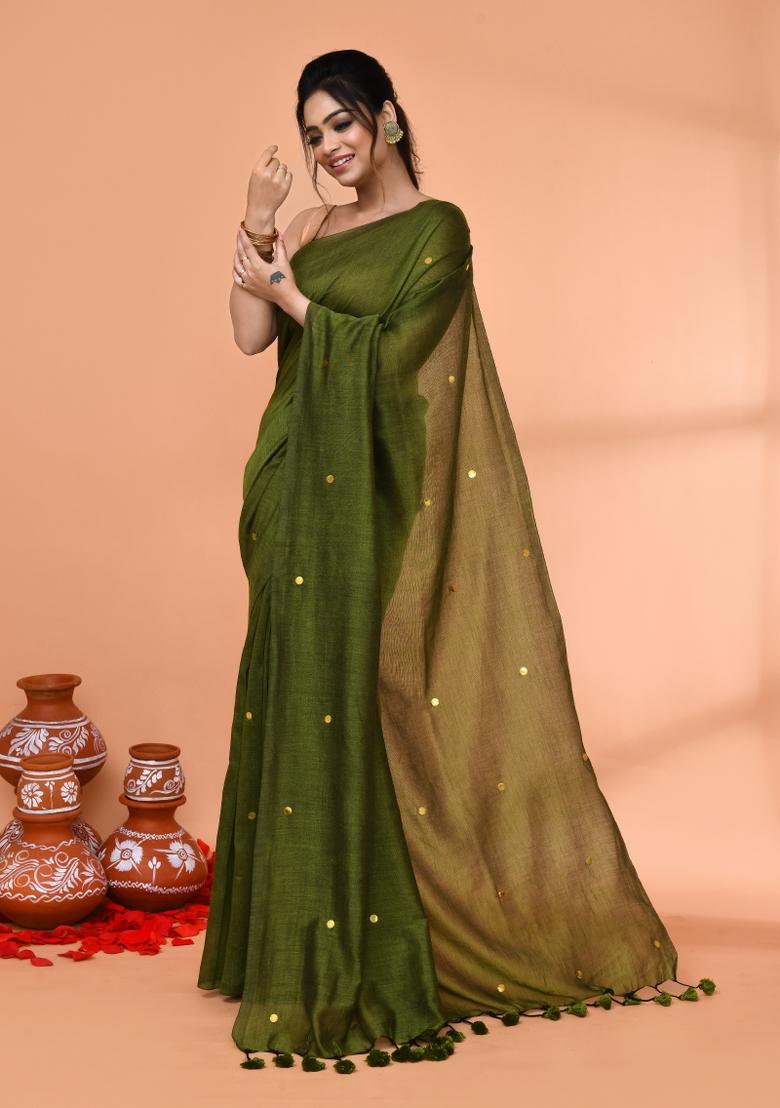 Moss Green Sequin Embroidered Cotton Saree Set