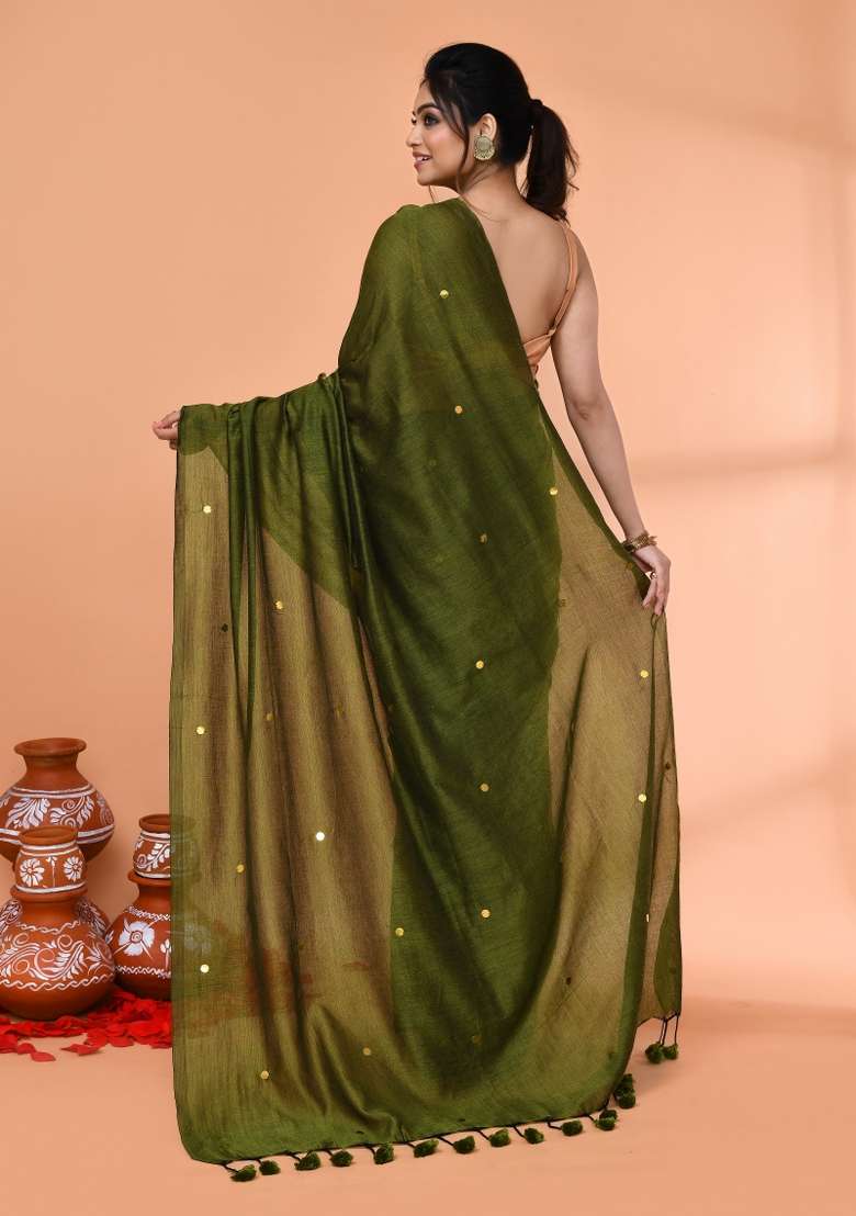 Moss Green Sequin Embroidered Cotton Saree Set for Diwali and Festive Wear - Indya