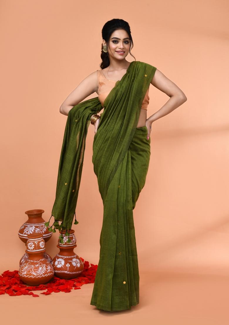 Moss Green Sequin Embroidered Cotton Saree Set