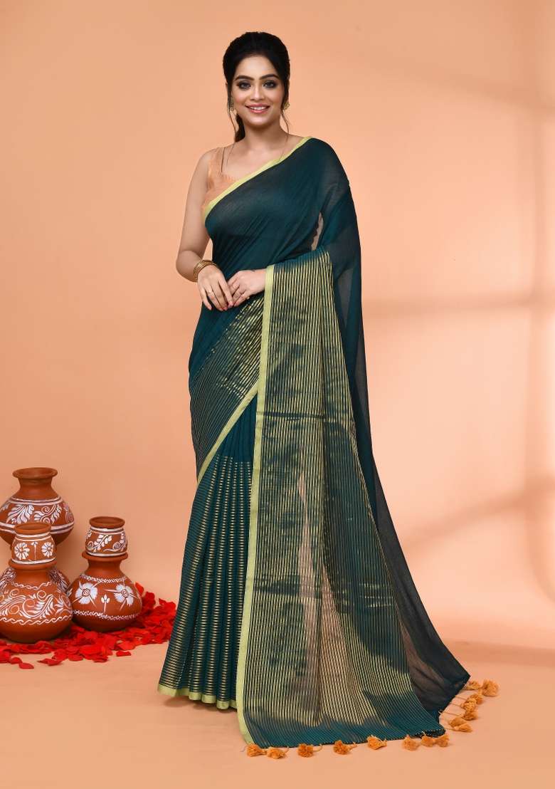 Teal Embroidered Cotton Saree Set for Diwali and Festive Wear - Indya