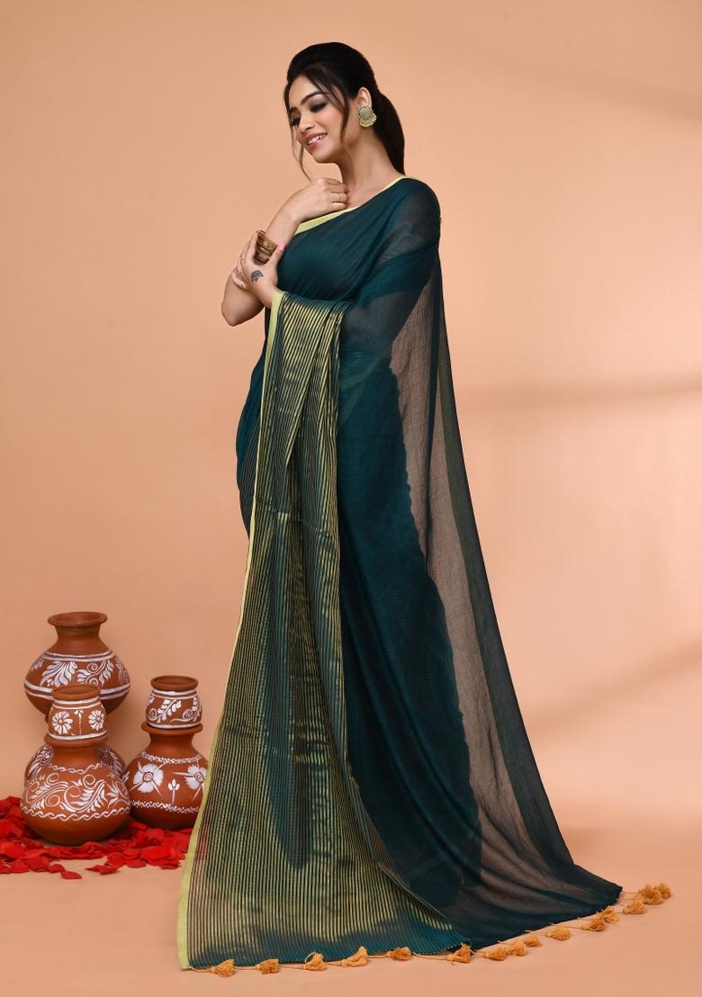 Teal Embroidered Cotton Saree Set