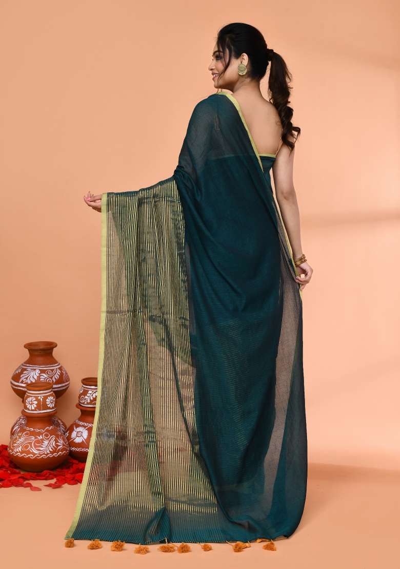 Teal Embroidered Cotton Saree Set for Diwali and Festive Wear - Indya