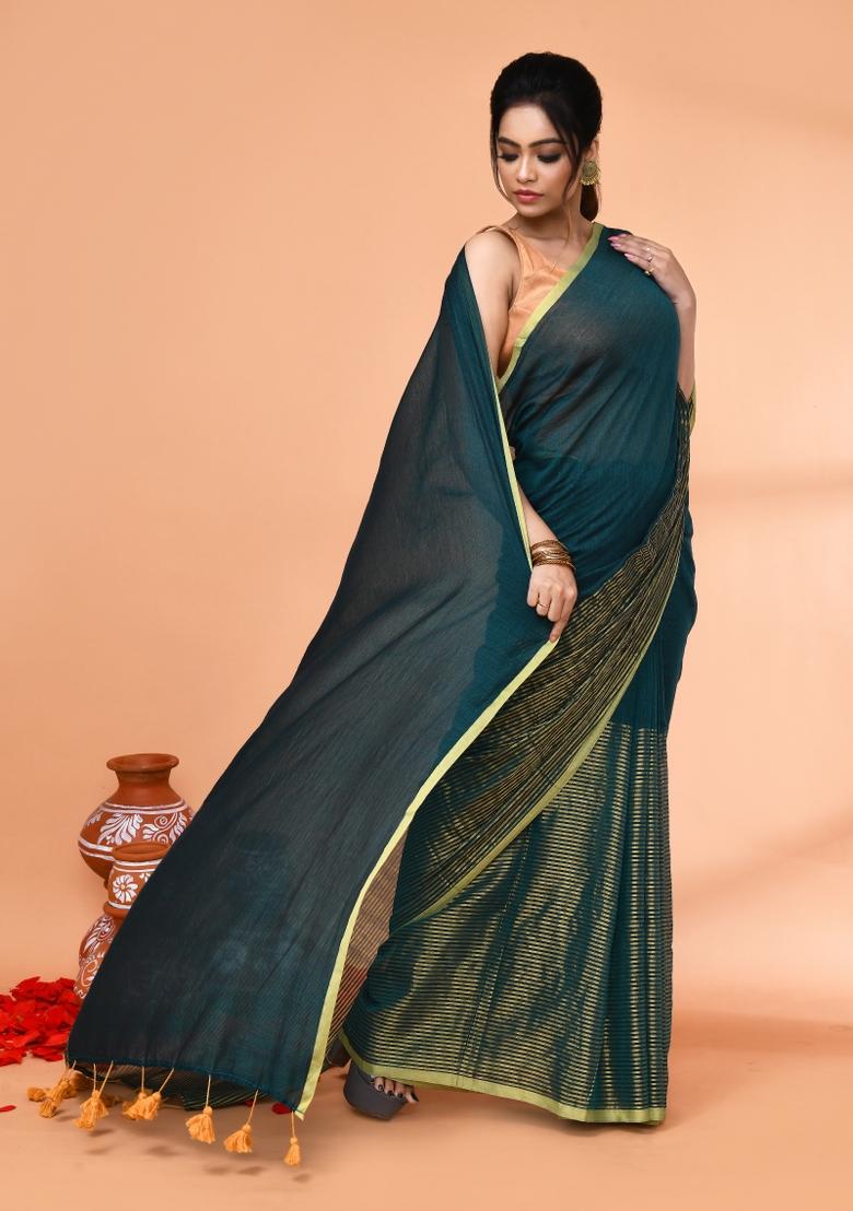 Teal Embroidered Cotton Saree Set