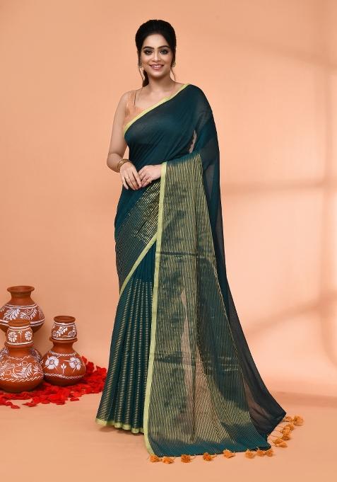 Teal Embroidered Cotton Saree Set