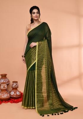 Dark Green Embroidered Cotton Saree Set