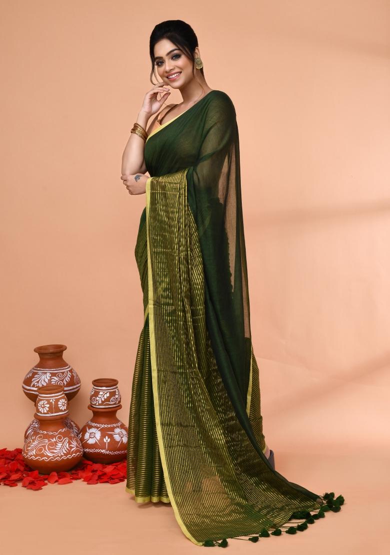 Dark Green Embroidered Cotton Saree Set