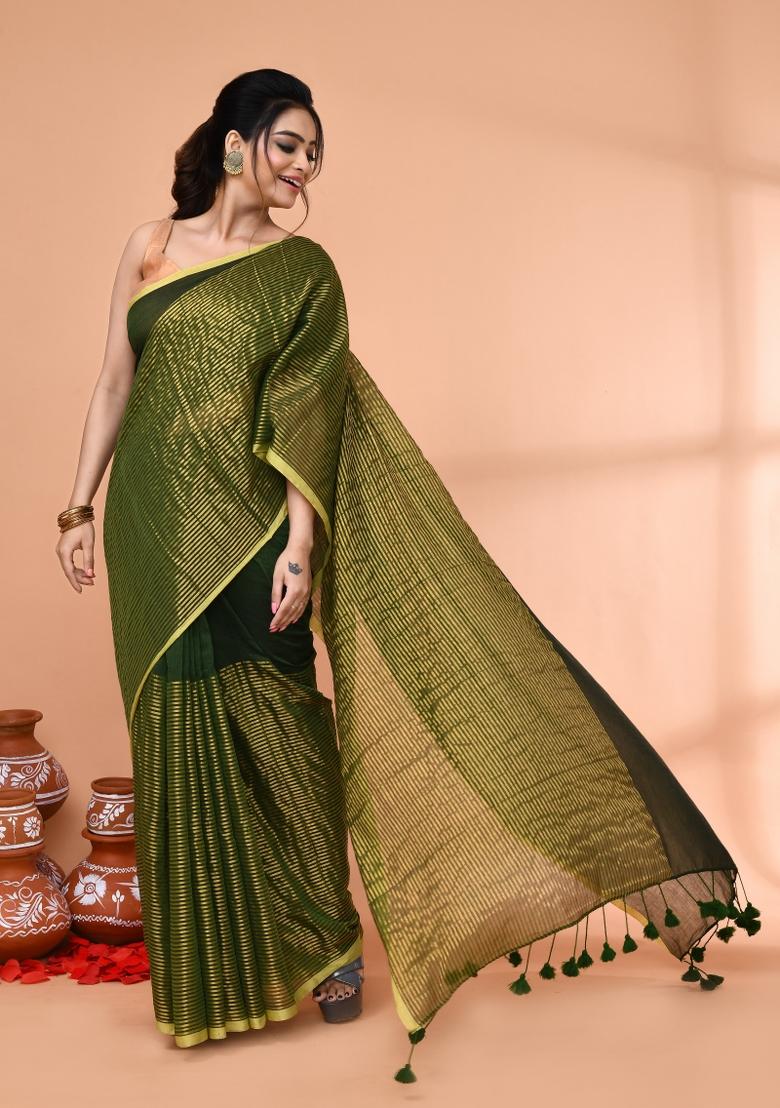 Dark Green Embroidered Cotton Saree Set