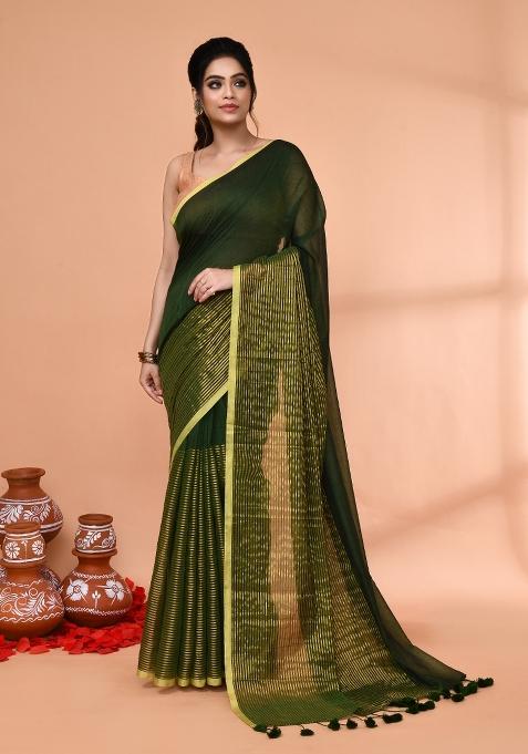 Dark Green Embroidered Cotton Saree Set