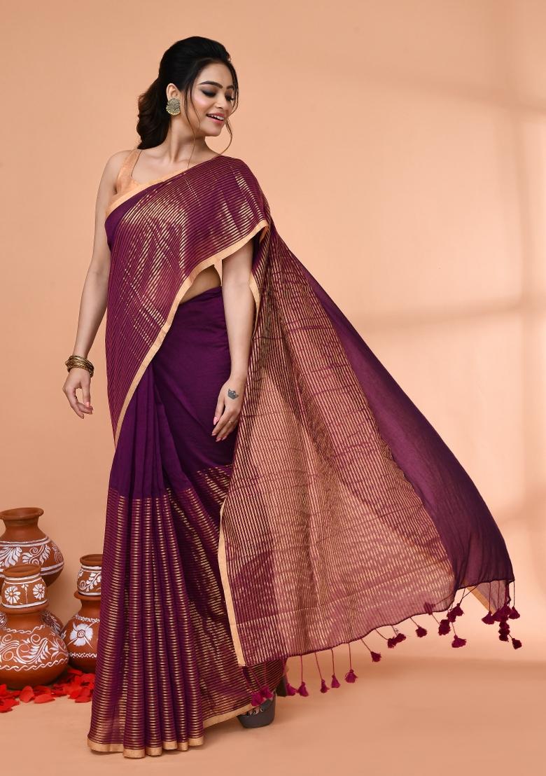 Magenta Embroidered Cotton Saree Set