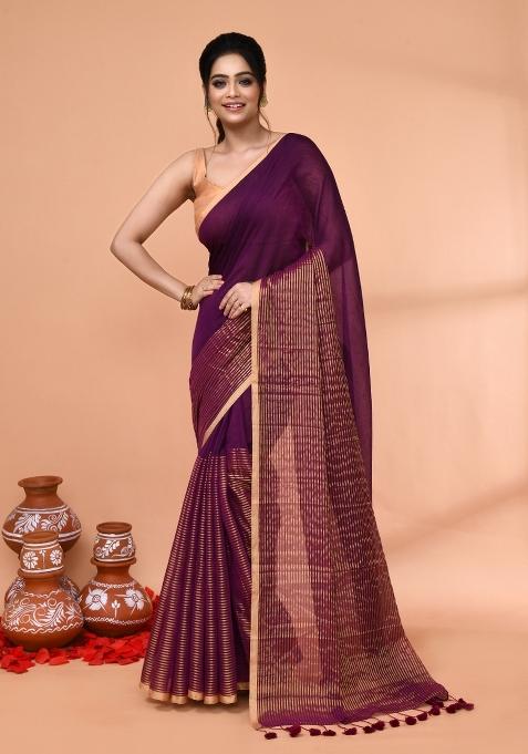 Magenta Embroidered Cotton Saree Set