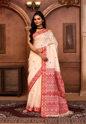 Off White Embroidered Tussar Saree Set