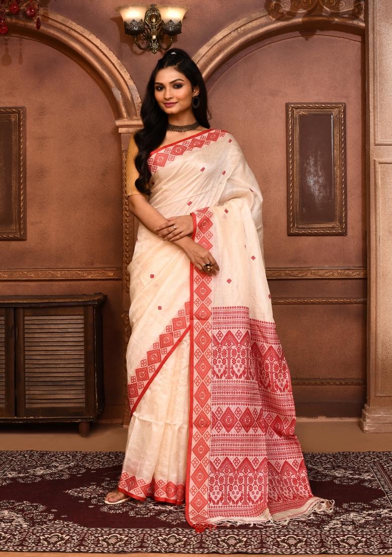 Off White Embroidered Tussar Saree Set