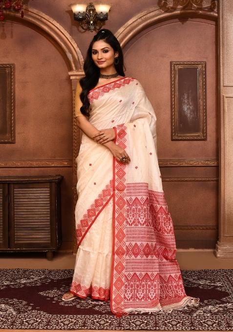 Off White Embroidered Tussar Saree Set