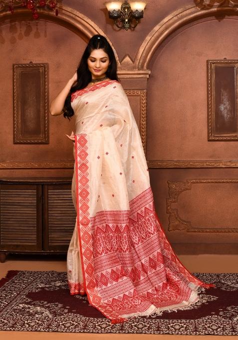 Off White Embroidered Tussar Saree Set