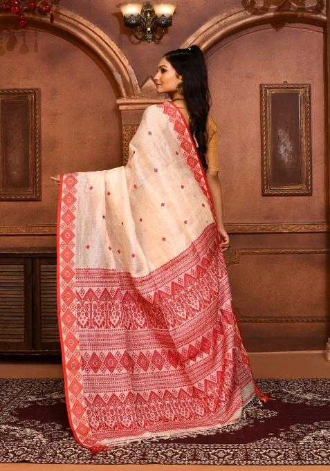 Off White Embroidered Tussar Saree Set