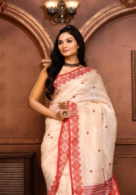 Off White Embroidered Tussar Saree Set