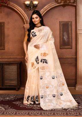 Off White Embroidered Tussar Saree Set