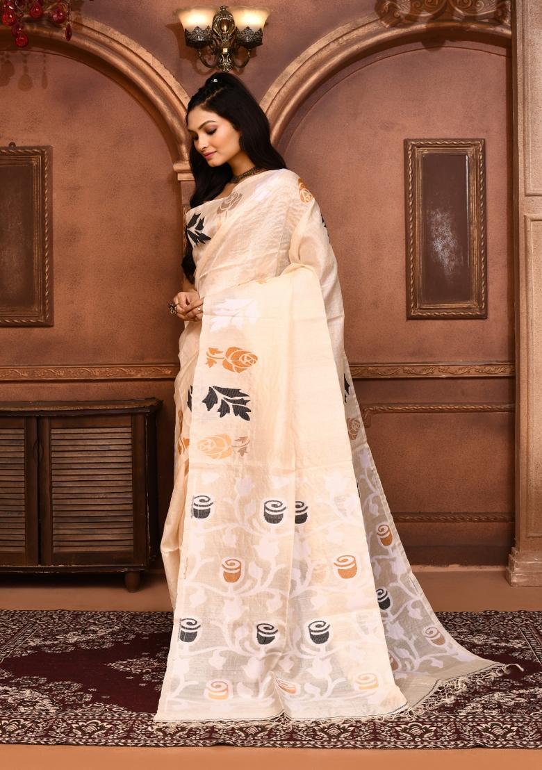 Off White Embroidered Tussar Saree Set