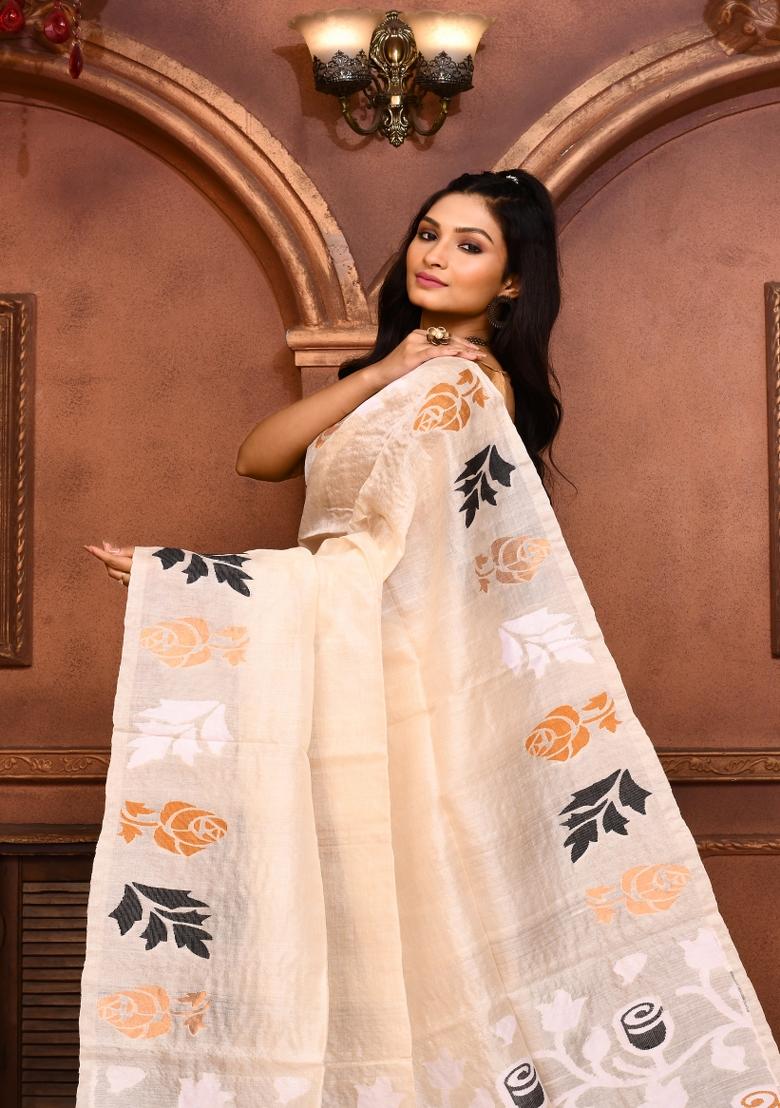 Off White Embroidered Tussar Saree Set