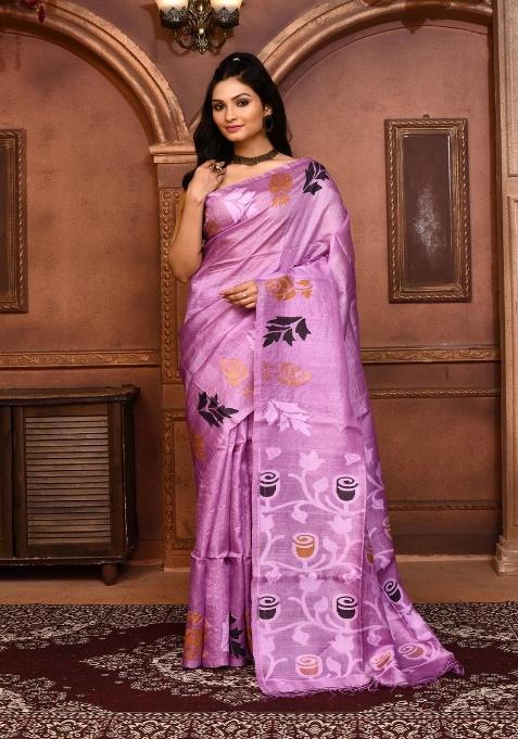 Purple Embroidered Tussar Saree Set
