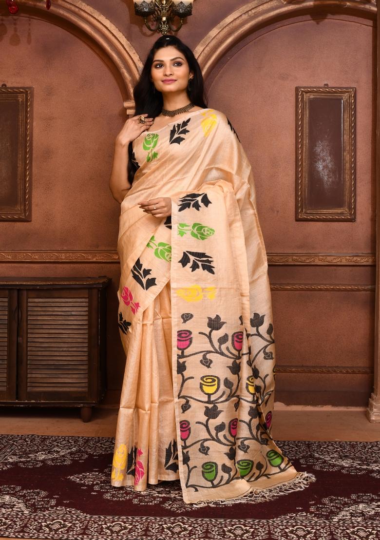 Beige Embroidered Tussar Saree Set