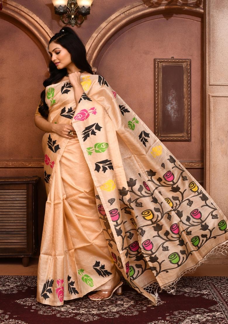 Beige Embroidered Tussar Saree Set