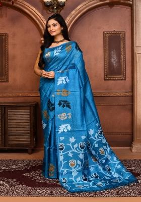 Turquoise Embroidered Tussar Saree Set