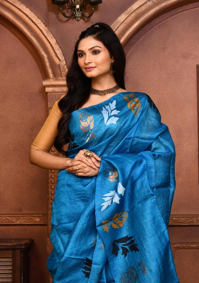 Turquoise Embroidered Tussar Saree Set