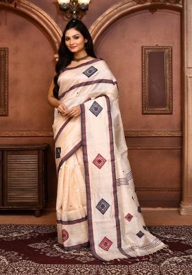 Off White Embroidered Tussar Saree Set